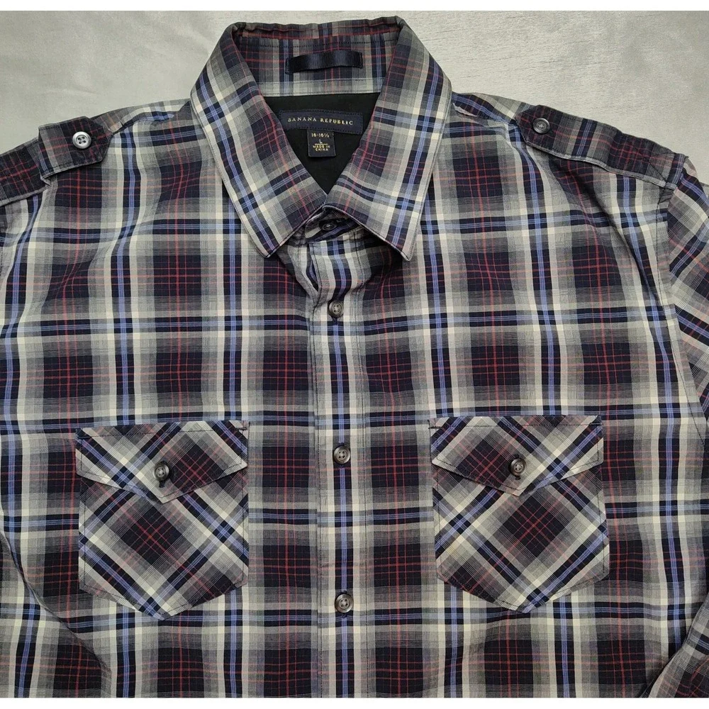 Banana Republic Men Large 16-16.5 Blue Gray Plaid Cotton Blend Button‎ Shirt